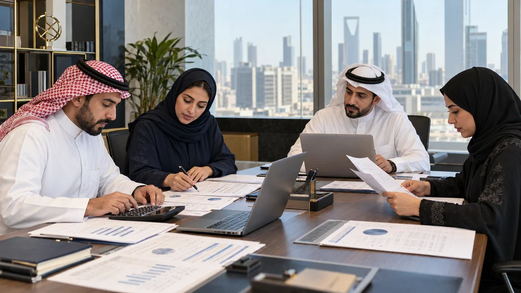 اجتماع عمل لمراجعة مستندات وجداول مالية في مكتب يطل على مدينة الرياض