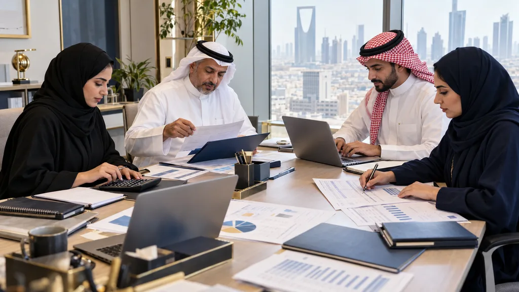 أربعة أشخاص في اجتماع حول مكتب لمراجعة مستندات