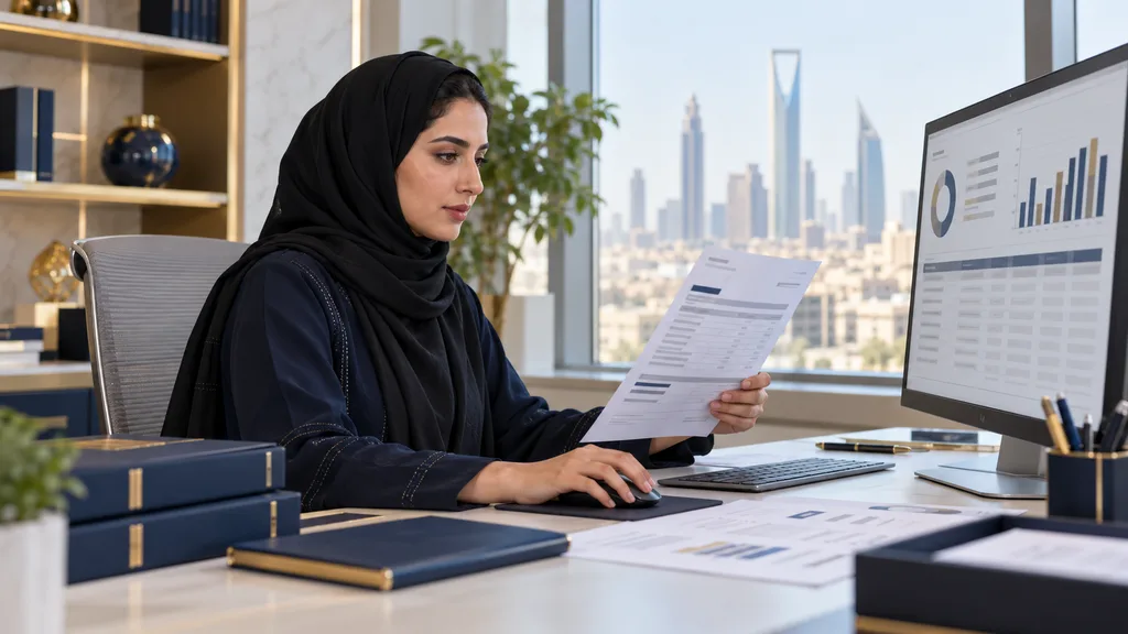 امرأة تراجع مستندات مالية على مكتب