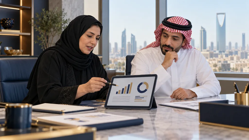 شخصان يناقشان بيانات على حاسوب محمول
