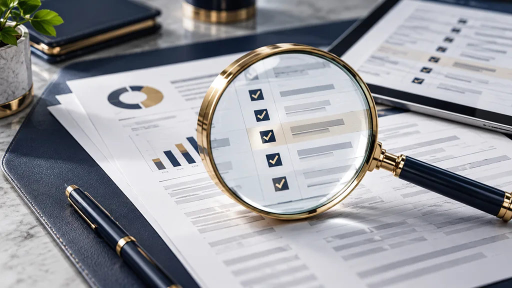 عدسة مكبرة فوق قائمة تحقق ومستندات